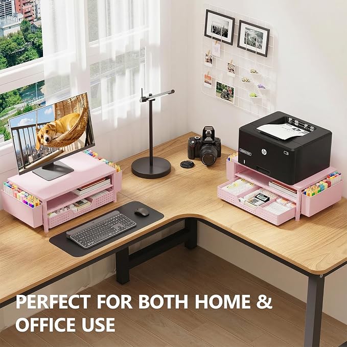 OPNICE Desk Organizers and Accessories, 2-Tier Computer Monitor Stand Riser with Drawer and 2 Pen Holders, Laptop Stand, Office Desk Accessories for Office Supplies, Pink