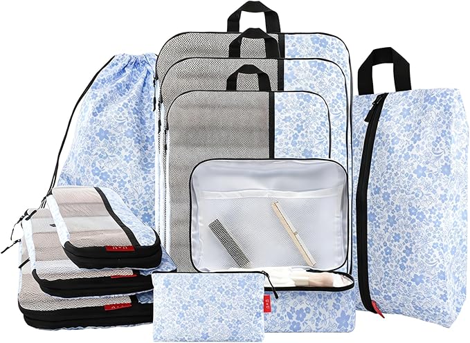 U+U 10 Set Compression Packing Cubes - Ultralight Travel Organizers with Laundry Bag and Cosmetic Bag, Space-Saving Suitcase Organizer for Travel, Business Trip and Family Vacation (Blue Flower)