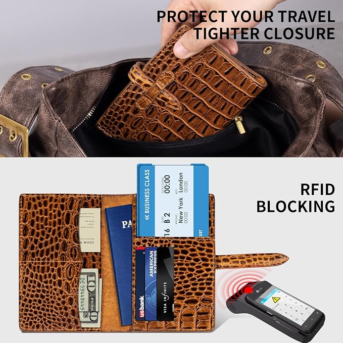 Genuine Leather Passport Holder Travel Bifold Wallet For Men And Women Slim RFID Blocking Brown