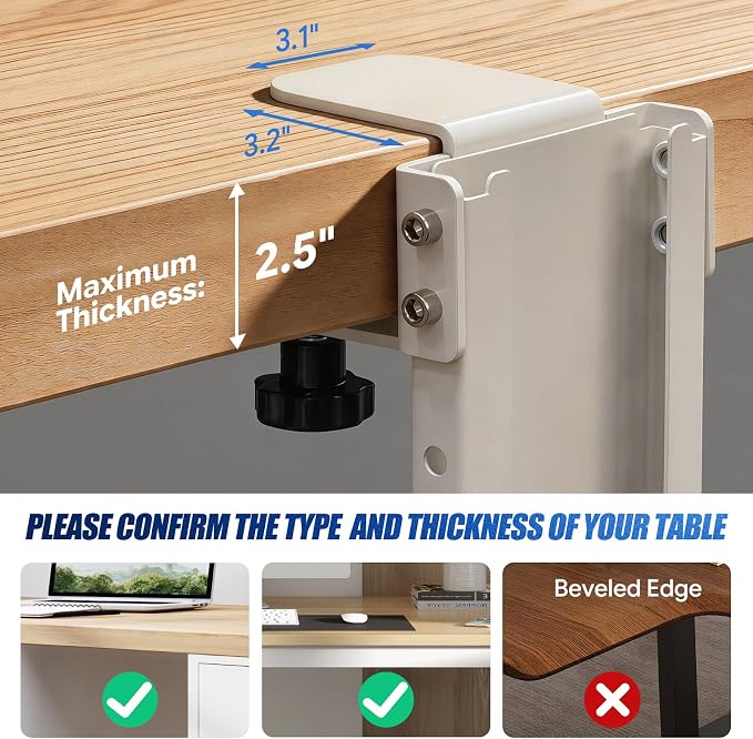 TooCust Adjustable Under Desk PC Mount, Heavy Duty No Drilling Clamp Mount on Desk Fits Most PC Tower 14.5”-22.4” (H) , Thickened & Ultra Strong CPU Holder for Standing Desk & Home Office, White
