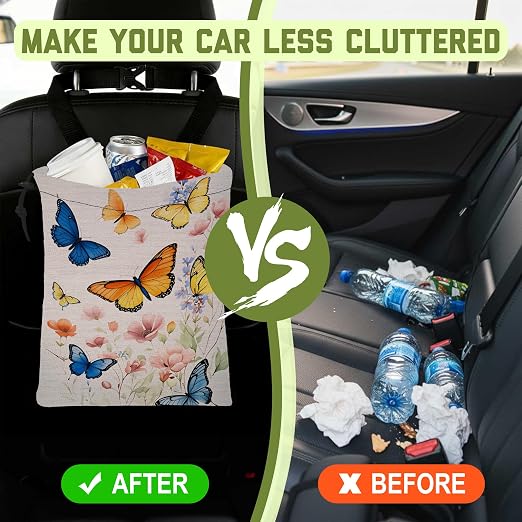 Car Trash Bag Vintage Butterflies and Flowers Leak-Proof Waterproof Car Garbage Bag with Drawstring Foldable Canvas Trash Bin with Adjustable Buckle for Car Accessories