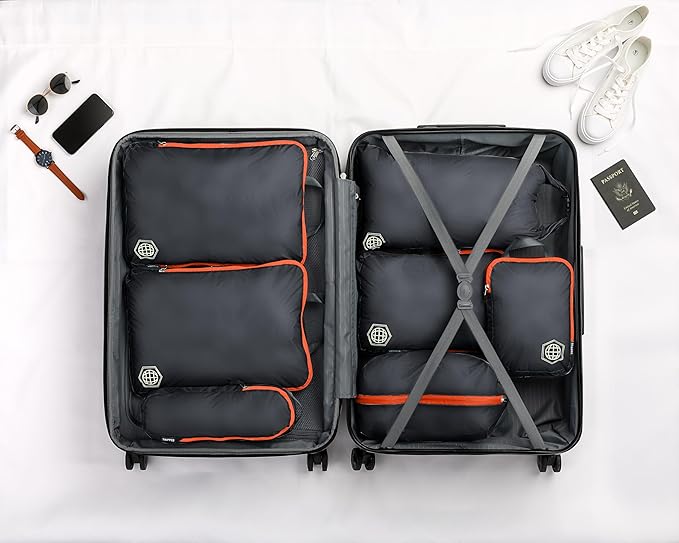 Large Compression Packing Cubes for Travel-Packing Cube Luggage Organizers 7 Piece Set for Checked Luggage-Ultralight, Expandable/Compression Bags by TRIPPED Travel Gear (Grey/Orange)