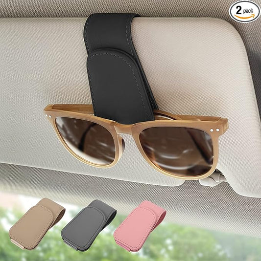 2 Pack Magnetic Leather Sunglass Holder, Eyeglass Hanger Clip for Car Sun Visor, Suitable for Different Size Eyeglasses(Black, 2 Pack)