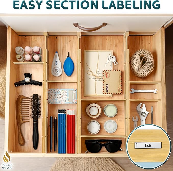 Bamboo Drawer Organizer - with Inserts & Labels, 17-22" - Adjustable Spring Loaded Kitchen Dividers for Utensils & Junk Storage - Expandable Silverware Separators for Organization