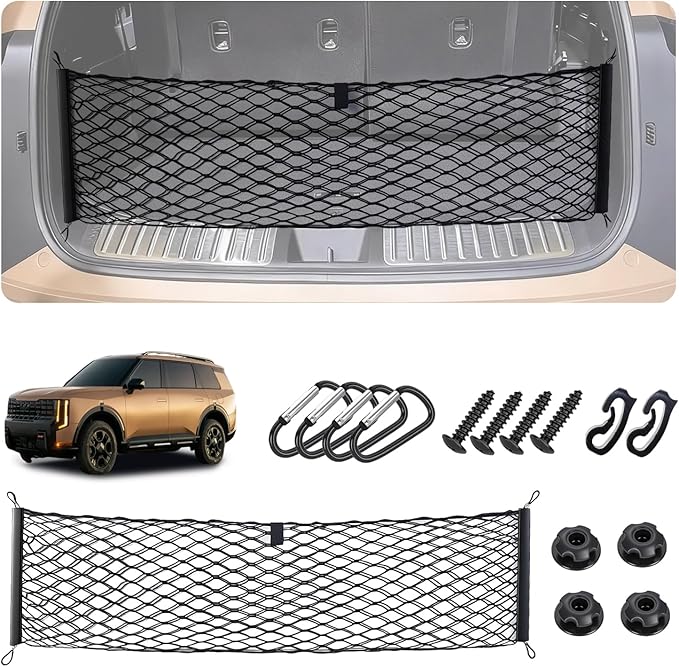 Envelope Style Cargo Net for Kia Telluride 2022-2024 2025 2026 Accessories, Trunk SUV Mesh Cargo Net, Upgraded 5mm Bungee & Double-Layer Nylon Storage Tailgate Netting Grocery&Tools Holder Organizer
