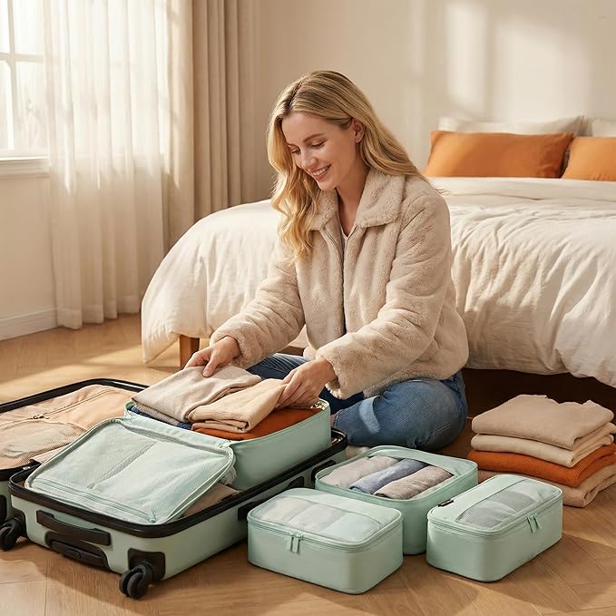 4 Piece Compression Packing Cubes for 3–7 Day Travel, Lightweight Travel Organizers with Breathable Mesh, Double-Zipper Packing Cubes for Carry-On & Suitcases (Light Green)