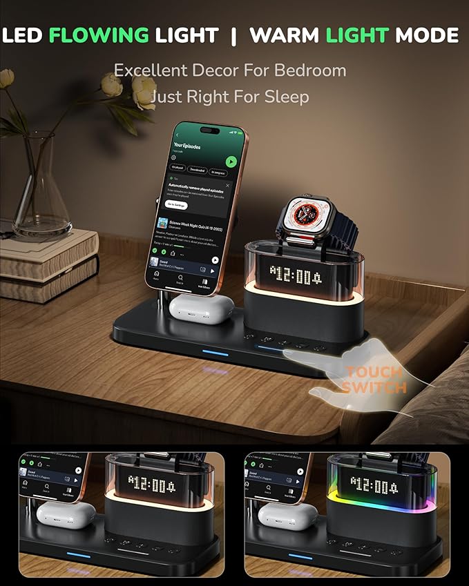5 in 1 Wireless Charging Station for Apple,Mag-Safe Charger with Alarm Clock Night Light for Multiple Devices,Nightstand Charging Station for iPhone 17/16/15/14/13/12,Apple Watch Series,Air-Pods