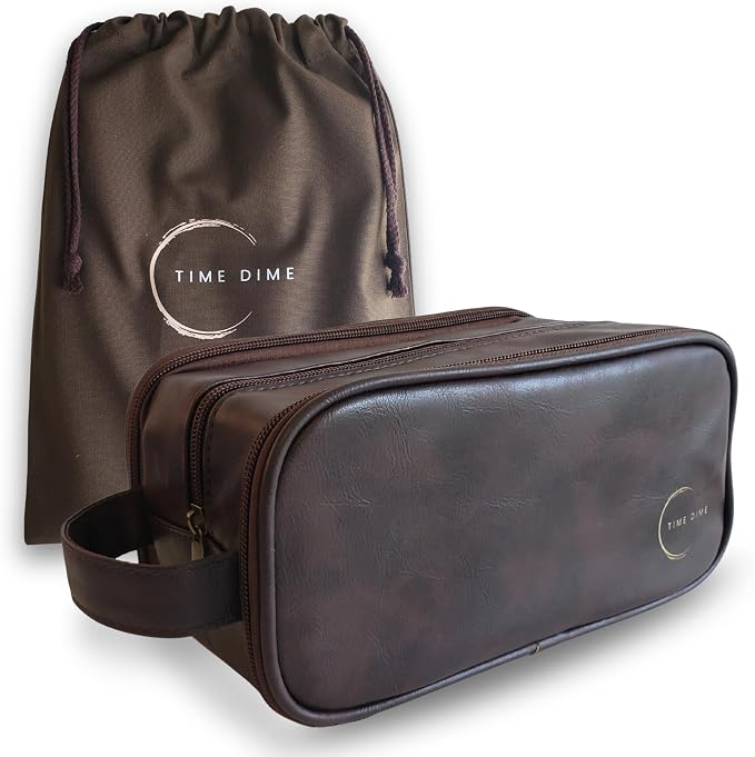Premium Men’s Toiletry Bag with Drawstring Pouch – Durable Water-Resistant Leather-Look Travel Organizer for Shaving, Grooming & Hygiene Essentials (Dark Brown)