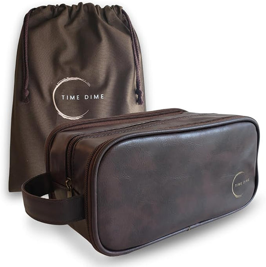 Premium Men’s Toiletry Bag with Drawstring Pouch – Durable Water-Resistant Leather-Look Travel Organizer for Shaving, Grooming & Hygiene Essentials (Dark Brown)