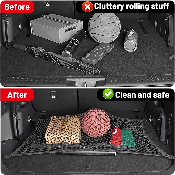 Elastic Cargo Net for SUV, Net Stretchable 31.2" x 24" Stretch to 62.4" x 48", Rear Trunk Bed Netting Cover, Fixing Hooks D-Rings Luggage Cover
