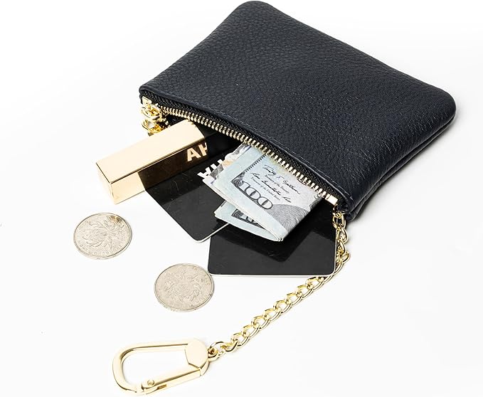 DAILANDO Mini Leather Coin Purse, Unisex Slim Zipper Card Holder and Coin Pouch with Keychain