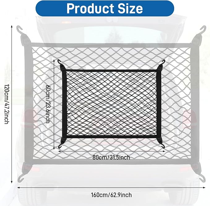 Stretchable Car Cargo Net Adjustable Elastic Storage Net Trunk Interior Accessories with Hook, Universal Fit for Car, Vehicle, SUV(60 * 80cm)