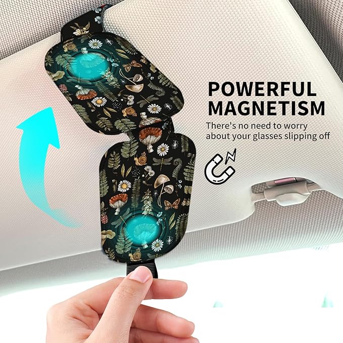 Leather Magnetic Sunglass Holder for Car Sun Visor, Cute Eyeglass Ticket Card Hanger Clip, Universal Auto Interior Accessories for SUV Pickup Truck Mushroom Forest