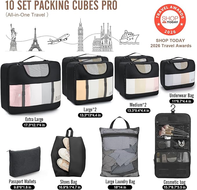 Veken 10 Set Packing Cubes for Travel Essential, Suitcase Organizer Bags in 4 Sizes, Carry-On Luggage Accessories with Large Laundry & Hanging Toiletry Bag, Must-Have for Airplane, Road Trip & Camping