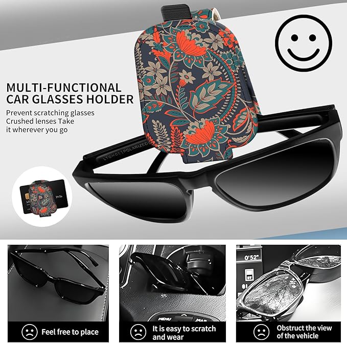 Leather Magnetic Sunglass Holder for Car Sun Visor, Cute Eyeglass Ticket Card Hanger Clip, Universal Auto Interior Accessories for SUV Pickup Truck Dark Red Floral