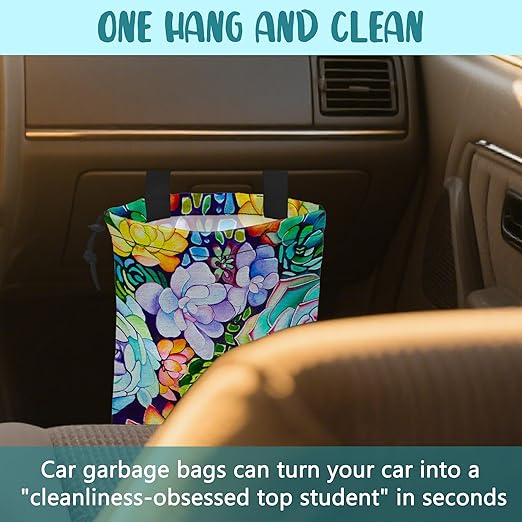 Car Trash Bag Abstract Succulent Plant Leak-Proof Waterproof Car Garbage Bag with Drawstring Foldable Canvas Trash Bin with Adjustable Buckle for Car Accessories, Travelling, Camping