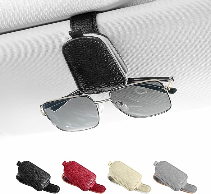 SINGARO Sunglasses Holder for Car, Leather Magnetic Buckle Sun Visor Sunglass Clip, Ticket Card Storage Glasses Clip, Car Interior Accessories for Men and Women（Black-Gray）