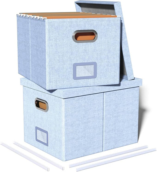 Oterri 2 Pack File Storage Organizer, Filing Box, Portable File Box with Lid, Fit for Letter/Legal File Folder Storage, Document Organizer, Sky-blue
