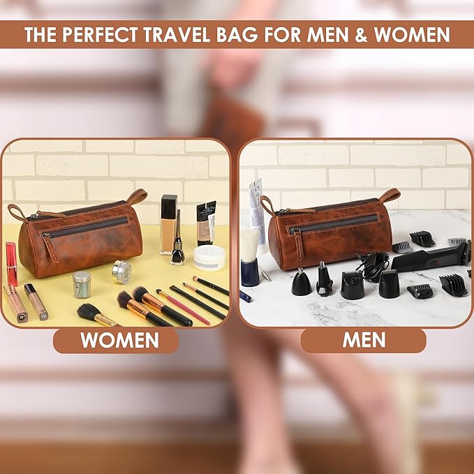Leather Makeup Bag for Women – Genuine Leather Cosmetic Bag Travel, Handmade Zippered Makeup Pouch, Small Toiletry Bag, Shaving Kit & Stationery Organizer- Tan