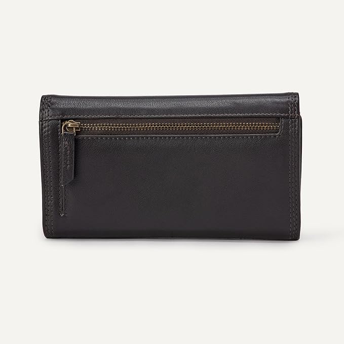 Amazon Essentials Women's Long Flap Continental Leather Wallet with Snap Closure, Dark Brown, One Size