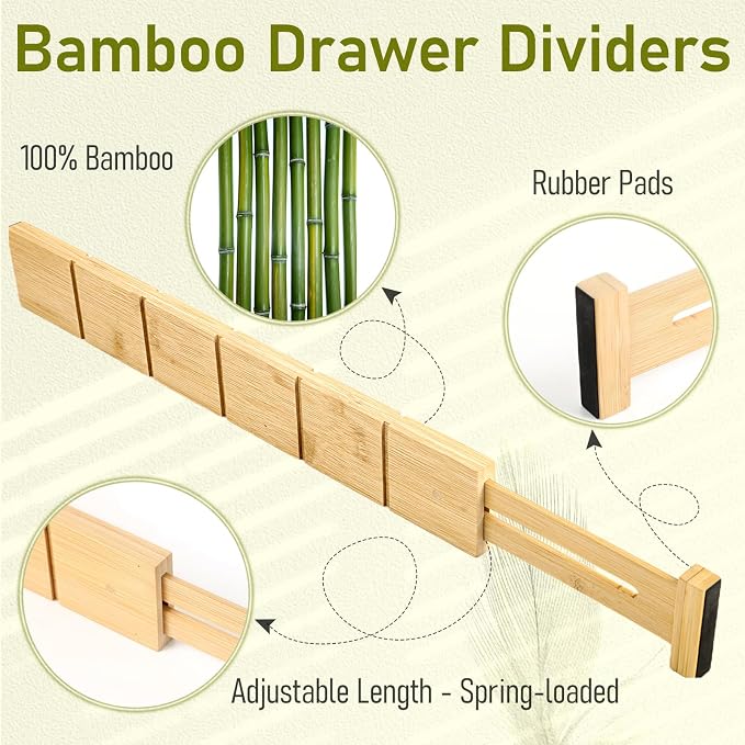 Whitmor Adjustable Bamboo Drawer Dividers, Expandable 17"-22" Drawer Organizer, Space-Saving, Non-Slip & Spring-Loaded Separators for Kitchen, Bedroom, Office, 4 Pack Dividers with 9 Baffles