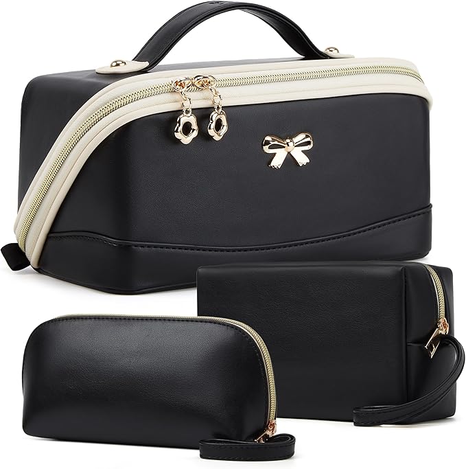 YTL Travel Makeup Bag, Large Capacity Cosmetic Bag for Women, Waterproof PU Leather, Flat Open Portable Toiletry Bag for Skincare, Brushes & Travel Essentials