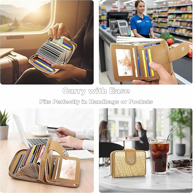 Credit Card Wallets for Women, Leather Cardholder with Zipper Around, Small Rfid Ladies Wallet, Accordion Compact Bifold Purse for Travel, 19 Card Slots, ID Window, Cash Organizer - Apricot