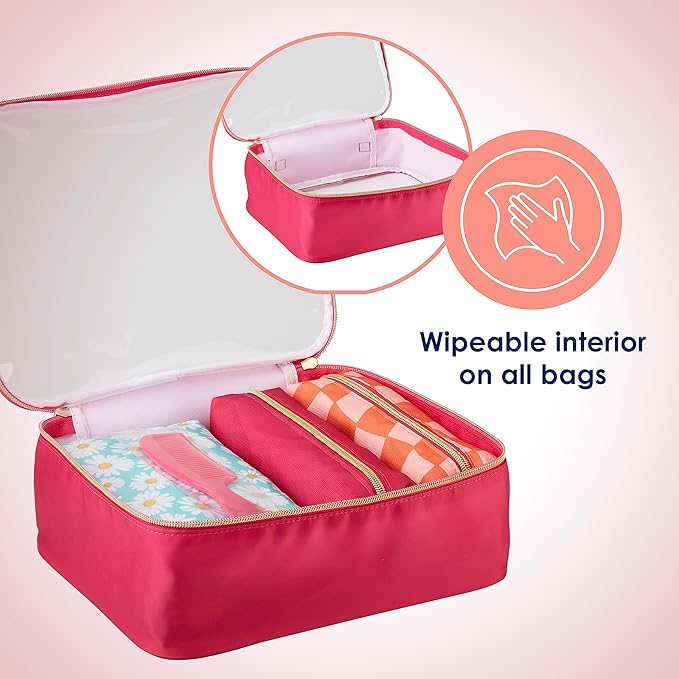 Conair 5 Piece Toiletry and Cosmetic Bag Set Under $30, Includes 4 Makeup Bags and 1 Travel Comb in Pink and Daisy Prints (Pack of 2)