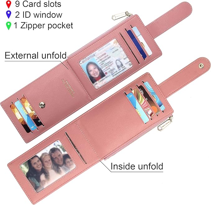 Badiya Slim Women Wallet RFID Blocking Bifold Compact 9 Card Slots Holder Wallets Soft Leather with Zipper Coin Pocket 2 ID Window