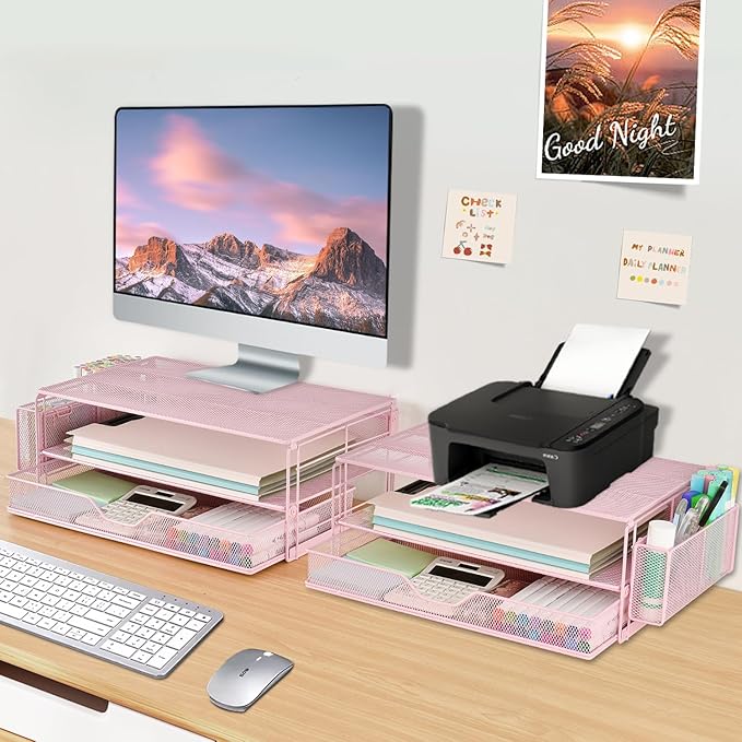 AUPSEN Computer Monitor Stands Riserï¼?-Tier Desk Organizers and Accessories, Office Desk Accessories Organizer with Drawers and 2 Pen Holder for Office Supplies (Pink)