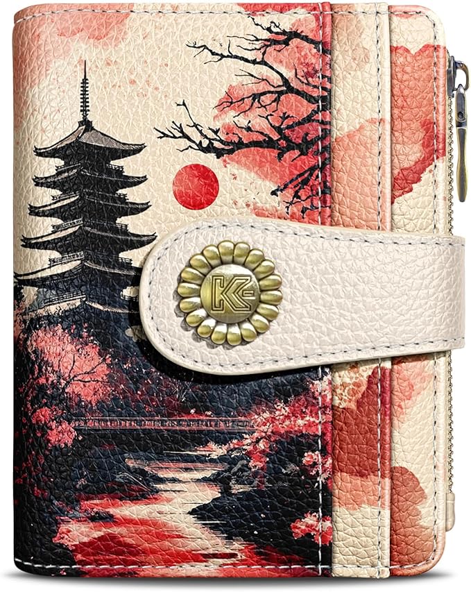 Kelvoris Japanese Sunset Goth Small Rfid Women Wallet Bifold Zipper Coin Pocket PU Leather Compact Cash Credit Card Holder Travel Wallet for Female Ladies Teen Girls 1 ID Window 10 Card Slots