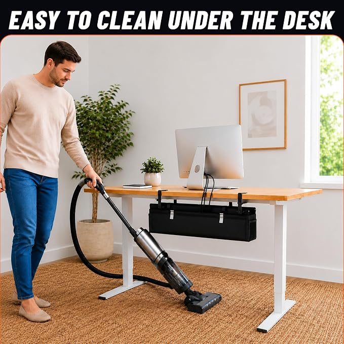 Under Desk Cable Management Tray, 28", Black Standing Under Cable | No Drill, Fabric Cord Organizer with Reinforced Base, Clamp Mount Wire Management, For Office/Home & Standing Desk