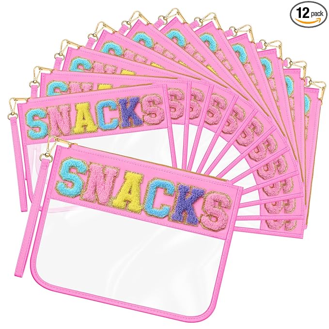 Abbylike 12 Pcs Snack Bags Clear Chenille Letter Snacks Zipper Pouch Waterproof PVC Large Travel Makeup Cosmetic Storage Organizer Bag for Mom Team Cheerleaders Teacher (Pink)