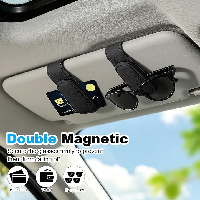 2 Pack Sunglass Holder for Car Visor Magnetic Leather Visor Sunglasses Clip Eyeglass Hanger Clip for Car Sun Visor Black