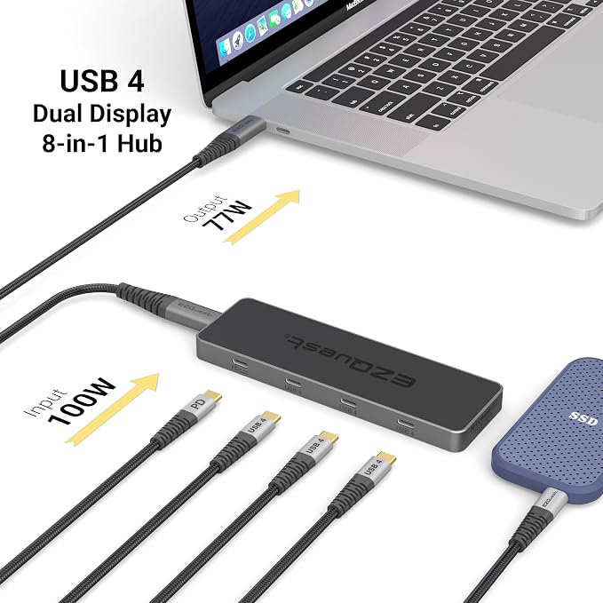 USB 4 Hub 8-in-1: Dual 4K 60Hz/8K Display, 7X USB-C Ports (3X USB4, 4X 10Gbps Data), 100W PD - Thunderbolt 3/4 Dock for MacBook Pro/Air M1/M2/M3, Windows, Chromebook
