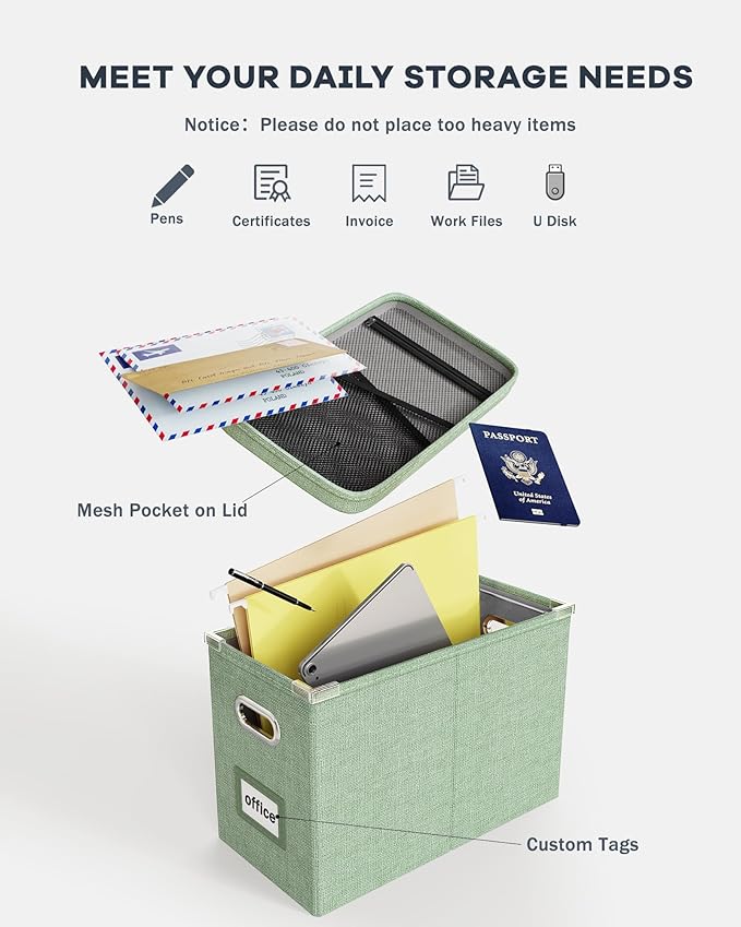 Oterri File Organizer Box with Lid, Hanging Filing File Box with Mesh Pocket, Document Organizer Box for Letter Files, Portable Storage Box(1 PCS, Green)