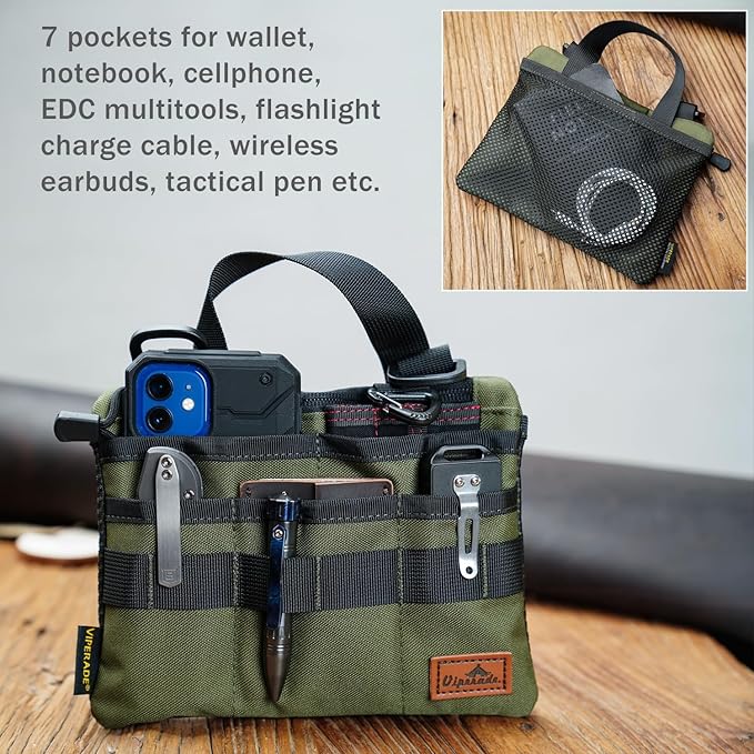 VIPERADE VE5 Slim EDC Pouch with 7 Pockets, Mens Pocket Organizer Multitool Pouch, Mini Crossbody Messenger Bag (No Strap)