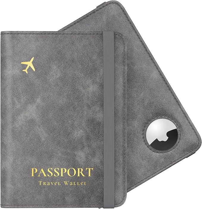 Stouchi AirTag Passport Wallet, Grey, Unisex, Faux Leather, RFID Blocking, Anti-Waterproof