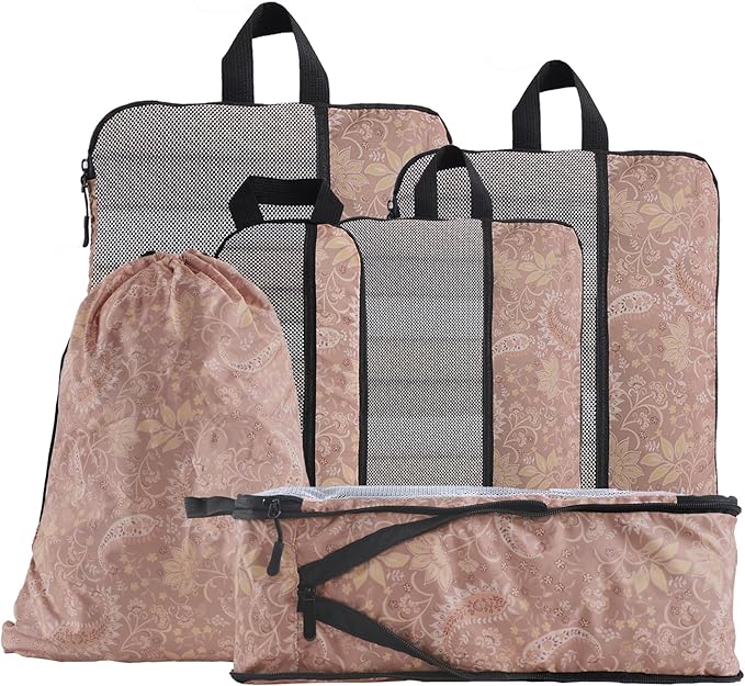 U+U 6 Set Compression Packing Cubes - Ultralight Travel Organizers with Laundry Bag, Space-Saving Suitcase Organizer, Expandable Packing Cubes for Travel and Family Vacation (Paisley Pattern)