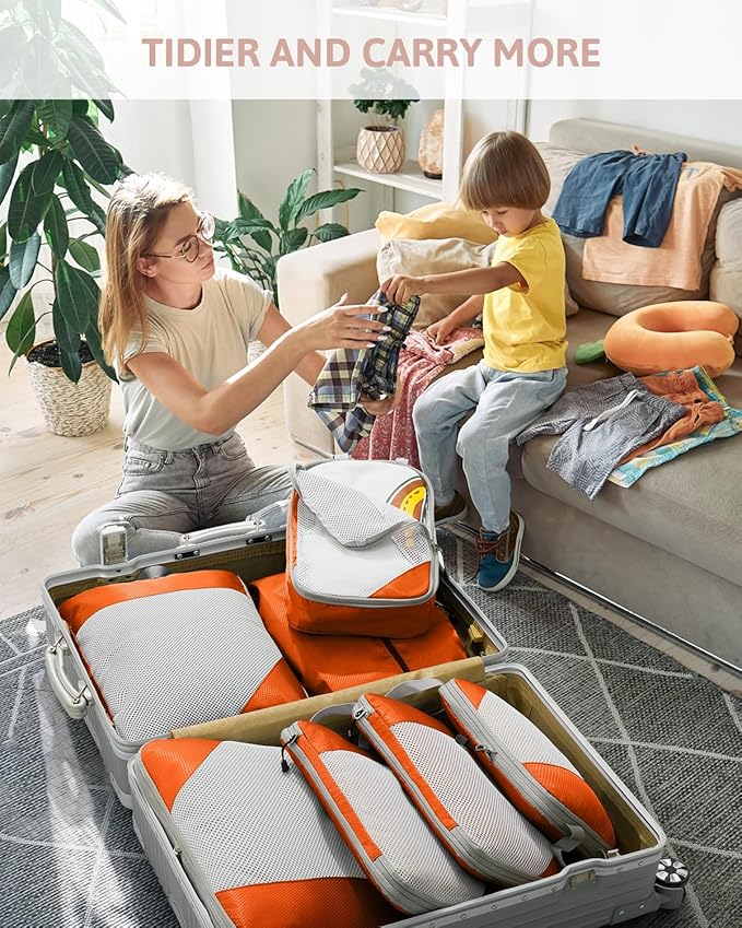 Meowoo 7 Set Compression Packing Cubes for Travel, Durable Ripstop Mesh Suitcase Organizer with Shoe Bag, Ultralight & Expandable Space Saver Travel Cubes
