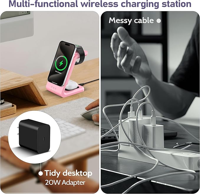 3 in 1 Wireless Charging Station: 5000mAh Removable Power Bank Charger Stand for Phone/Watch/Air Pods - Portable Magnetic Battery Pack for Air 17 16 15 14 13 12 Series Pink