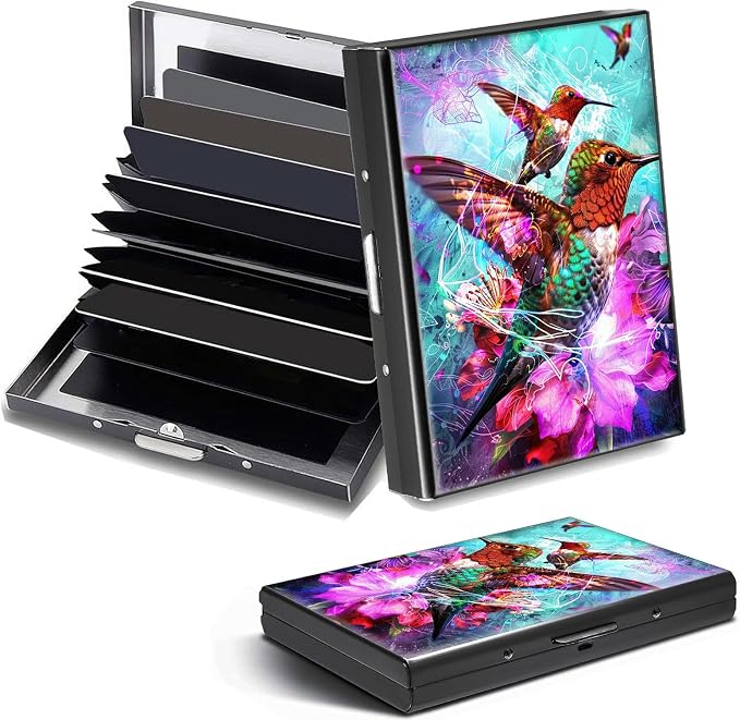 Credit Card Holder, Cute Hummingbirds Design Mini RFID Blocking Aluminum Wallet Slim Metal Hard Case Shell Travel Wallet ID Case Small Credit Cards Case Business Cards for Women Men Girls
