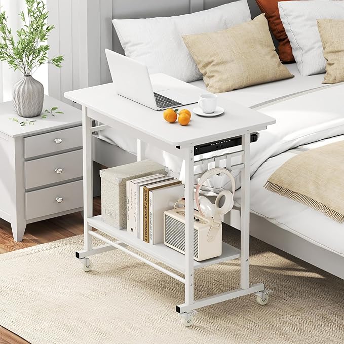 Tangkula Rolling Computer Desk Cart with Keyboard Tray, Mobile Portable Laptop PC Desk with CPU Stand & 3 Hooks for Sofa & Bed, Compact Small Desk on Wheels for Small Spaces (White)