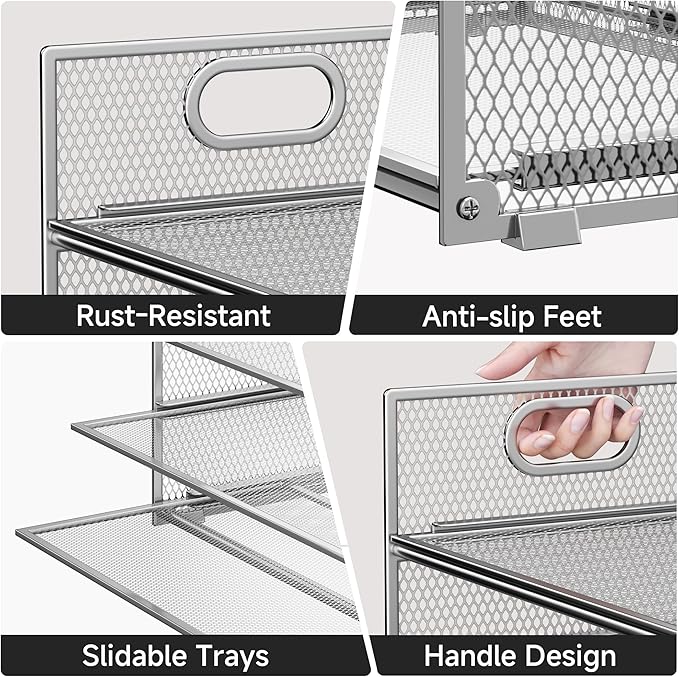 Paper Organizer for Desk with Handle, 6-Tier Silver Metal Mesh File Organizer | Stackable Desktop Organizer for Office Supplies & Home Organization