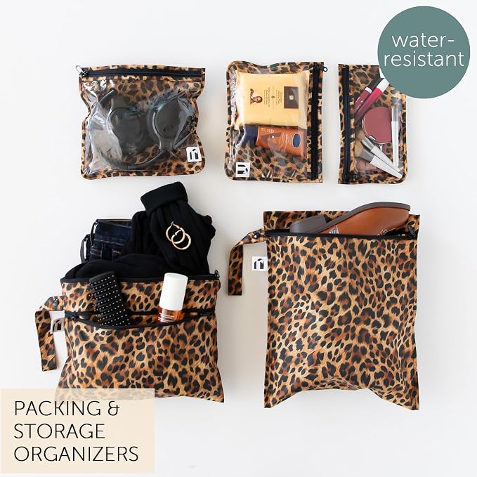 Bumkins Roamio Travel Set – Waterproof Wet Bag, Wet/Dry Clutch, 3 Clear TSA Pouches – Reusable Organizers for Swim, Gym, Toiletries, Baby Gear, Pump Parts, Beach, Pool, Travel, Leopard 5-pc Set
