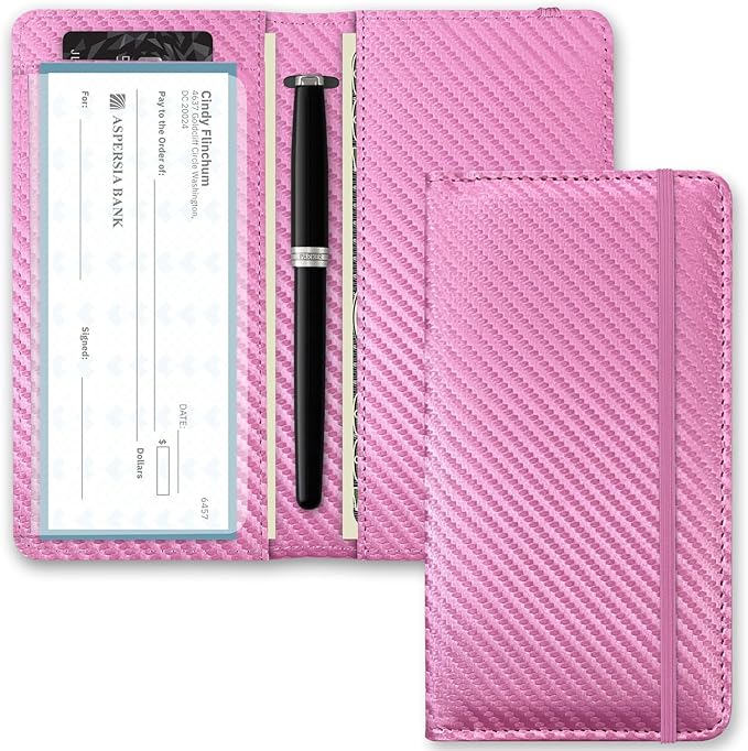 Checkbook Cover for Men Women, Premium Leather Checkbook Holder with RFID Blocking and Built in Clear Plastic Divider for Personal and Business Checks (Pink Carbon)