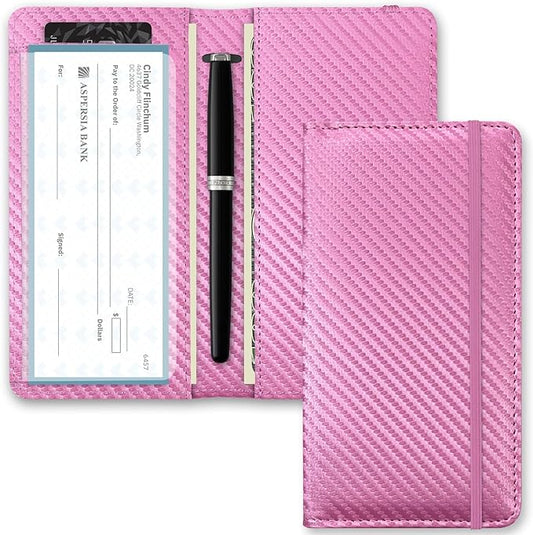 Checkbook Cover for Men Women, Premium Leather Checkbook Holder with RFID Blocking and Built in Clear Plastic Divider for Personal and Business Checks (Pink Carbon)