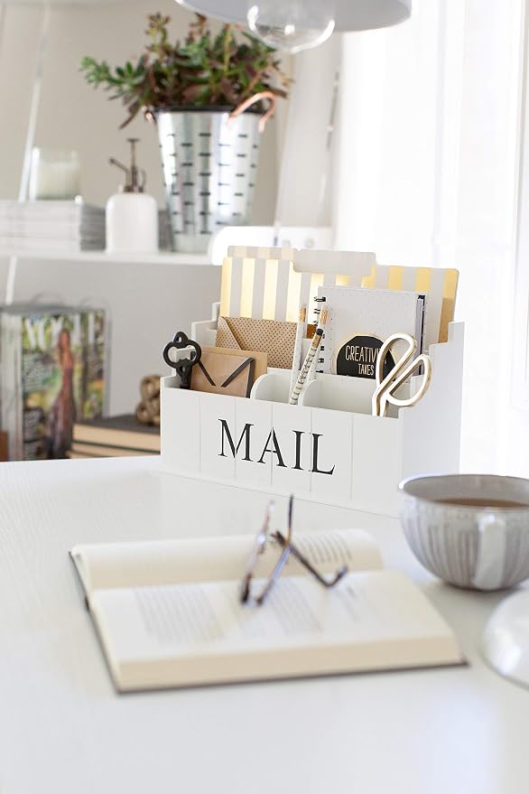 BLU MONACO | White Wooden Mail Organizer for Countertop | Standing File Organizer for Desk with 3 Tier Storage | Mail Sorter Organizer Countertop Rustic Office Kitchen