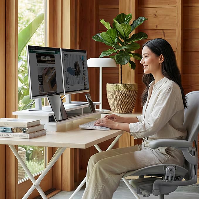Monitor Stand Dual Monitor Stand Riser for Desk,Wood Desk Shelf Storage Organizer with Phone Tablet Holder (42.5 Inch, White)