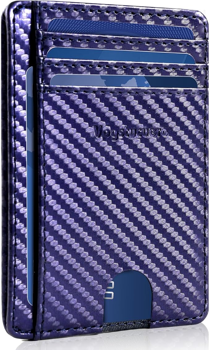 Front pocket thin wallet for Men Women RFID Blocking Credit Card Holder Card Cases Slim Minimalist wallet with Gift Box (1, Carbon Fiber Blue)